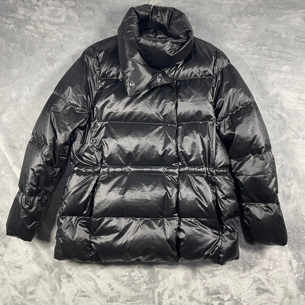 Lands' End Black Down Puffer Jacket Funnel Neck Asymmetrical Snap Womens L 14-16